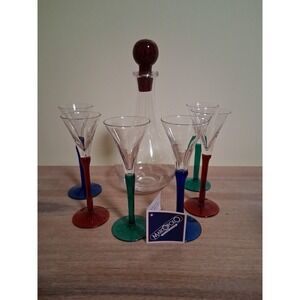 Vintage Marco Polo Italian  Cordial Decanter & 6 Glasses. Red,green,blue.